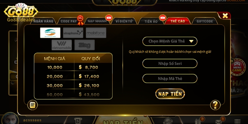Nạp Tiền Go88 - Hướng Dẫn Hình Thức Nạp Tiền Chơi Game Cực Nhanh 4 Các bước chuyển tiền Go88 thông qua thẻ cào điện thoại
